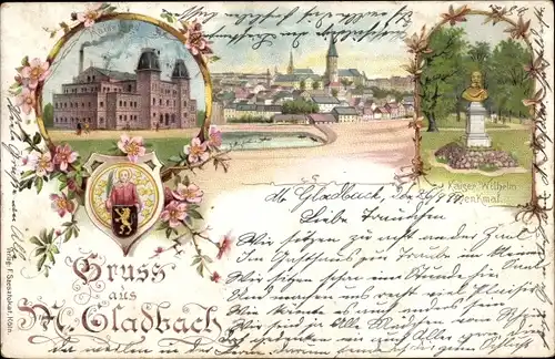 Litho Mönchengladbach im Ruhrgebiet, Kaiserbad, Kaiser Wilhelm Denkmal