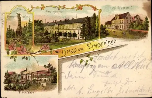 Litho Bad Lippspringe in Westfalen, Hermann-Denkmal, Hotel Schlepper, Trinkhalle