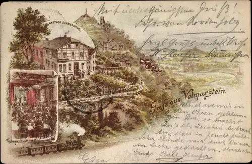 Vorläufer Litho Volmarstein Wetter an der Ruhr, Gasthof Schmermund, Dampflok, 1894