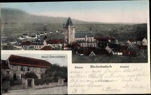 Ak Niederhaslach Elsass Bas Rhin, Hotel Delcominete, Blick auf den Ort, Kirche