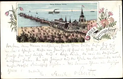 Litho Ostseebad Heringsdorf auf Usedom, Kaiser Wilhelms Brücke, Strand