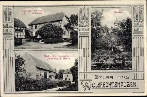 Ak Wolbrechtshausen Nörten Hardenberg, Gasthaus zur Post, Kirche, Kolonialwarenhandlung Henze