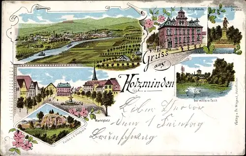 Litho Holzminden an der Weser, Marktplatz, Post, Teich, Denkmal