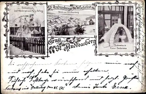 Ak Sankt Andreasberg Braunlage im Oberharz, Winterfest 1901, Schneefigur Kaiser Barbarossa