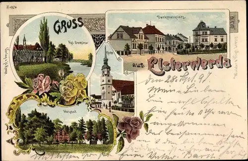 Litho Elsterwerda in Brandenburg, Denkmalsplatz, Kgl. Seminar, Holzhof, Kirche