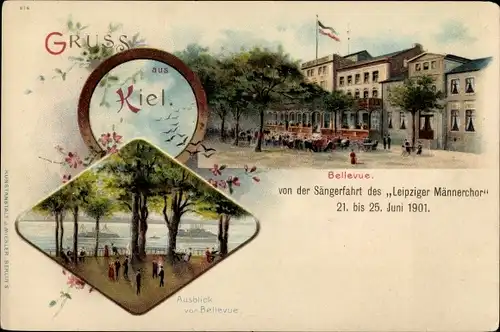 Litho Kiel Schleswig Holstein, Gasthaus Bellevue, Sängerfahrt Leipziger Männerchor 1901