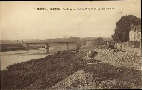 Ak Mary sur Marne Seine et Marne, Bords de la Marne et Pont du Chemin de Fer
