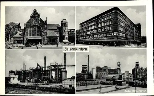 Ak Gelsenkirchen im Ruhrgebiet, Bahnhof, Hans Sachs Haus, Zeche Consolidation, Hochöfen