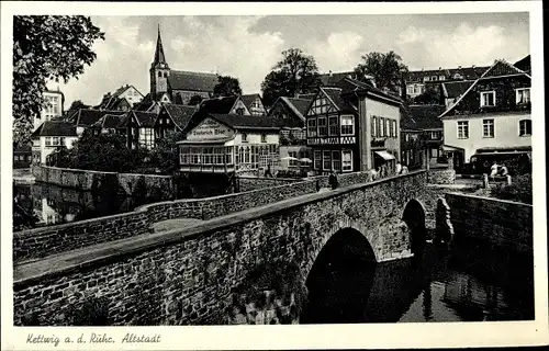 Ak Kettwig Essen im Ruhrgebiet, Teilansicht der Altstadt, Brückenpartie, Café, Restaurant