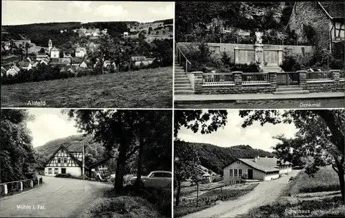 Ak Allfeld Billigheim in Baden, Panorama, Denkmal, Schulhaus, Mühle