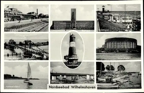 Ak Wilhelmshaven Niedersachsen, Rathaus, Arngast Leuchtturm, Geniusbank, Strandhalle, Hafen, Brücke