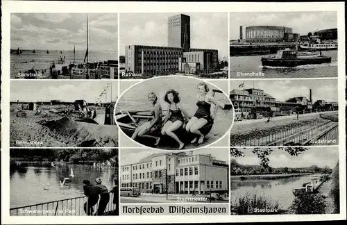 Ak Wilhelmshaven, Strandhalle, Strand, Geniusbank, Park, Rathaus, Theater