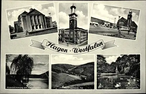 Ak Hagen in Westfalen, Hauptbahnhof, Theater, Rathaus, Stadtgarten