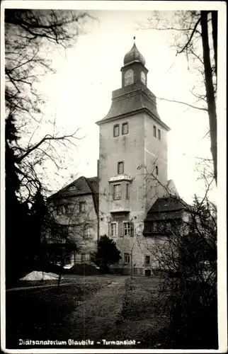 Foto Ak Glaubitz an der Elbe, Diätsanatorium, Turmansicht