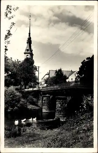 Ak Großpostwitz in Sachsen, Uferpartie, Brücke