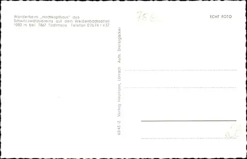 Ak Todtmoos im Schwarzwald, Wanderheim Hochkopfhaus