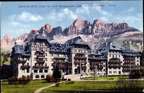 Ak Rosengarten Dolomiten Südtirol Italien, Karersee Hotel