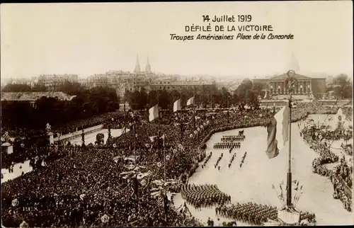 Ak Paris, Place de la Concorde, Fetes de la Victoire, 14 Juillet 1919, Troupes Americaines