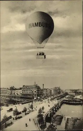 Ak Hamburg, Heißluftballon, Straßenbahn, Brücke, Boot, Jungfernstieg