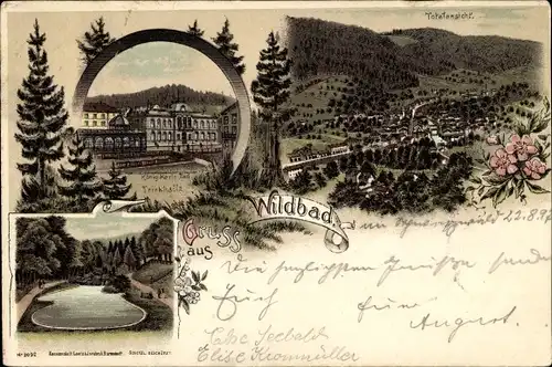 Litho Bad Wildbad im Schwarzwald, Totale, Teich, Trinkhalle