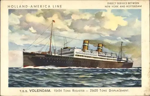 Künstler Ak Dampfschiff TSS Volendam, HAL