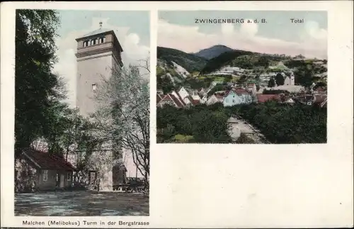 Ak Zwingenberg an der Bergstraße in Hessen, Malchenturm, Melibokus, Totalansicht