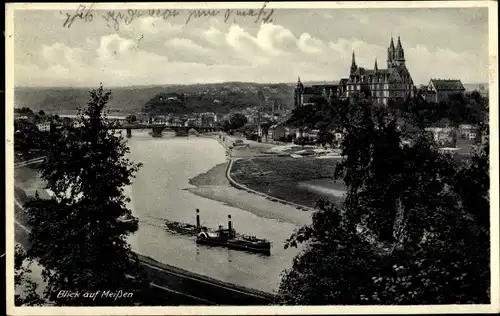 Ak Meißen an der Elbe, Blick auf den Ort, Elbdampfer