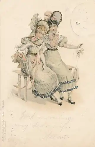 Glitzer Litho Zwei junge Frauen mit Hüten