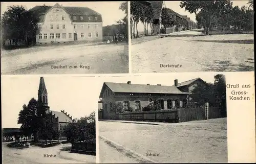 Ak Großkoschen Senftenberg Niederlausitz, Schule, Kirche, Gasthof zum Krug, Dorfstraße