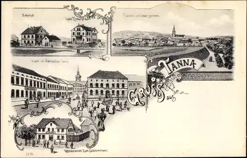 Litho Tanna in Thüringen, Bahnhof, Hotel , Restauration Zum Schützenhaus, Totalansicht