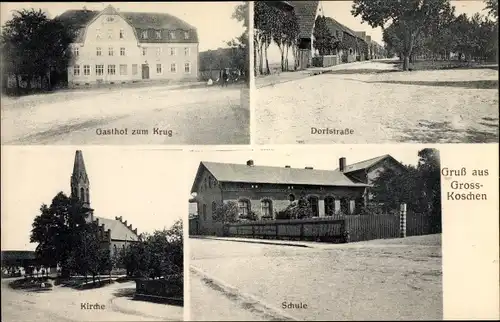 Ak Großkoschen Senftenberg Niederlausitz, Dorfstraße, Gasthof zum Krug, Schule, Kirche