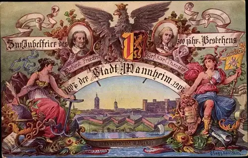 Künstler Ak Gagg, G., Mannheim, 300 Jahrfeier 1907, Kurfürst Friedrich u. Karl Theodor, Stadtansicht