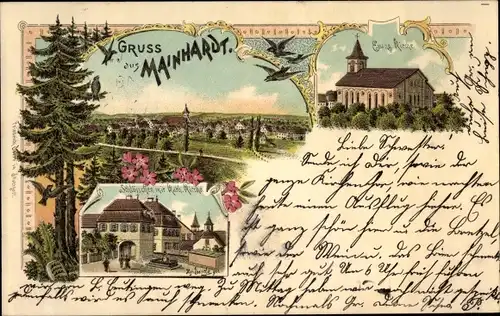 Litho Mainhardt in Württemberg, Evangelische Kirche, Schlösschen, Totalansicht