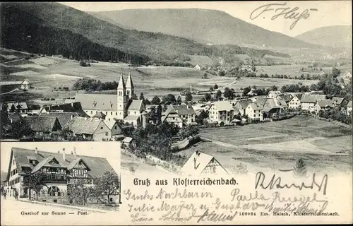 Ak Klosterreichenbach Baiersbronn im Schwarzwald, Totalansicht der Ortschaft, Gasthof zur Sonne