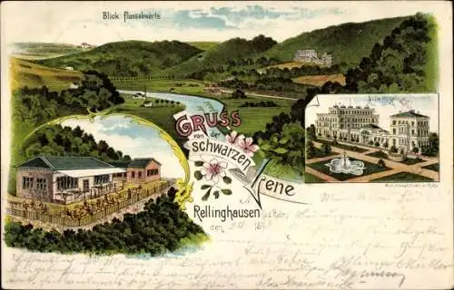 Litho Rellinghausen Essen an der Ruhr, Gaststätte Schwarze Lene, Villa Hügel, Flusspartie