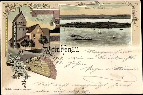 Litho Insel Reichenau am Bodensee, Münster, Inselansicht, Fächer