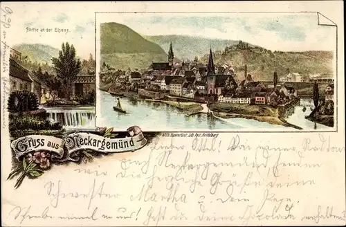 Litho Neckargemünd am Neckar, Partie an der Elsenz, Panorama vom Ort