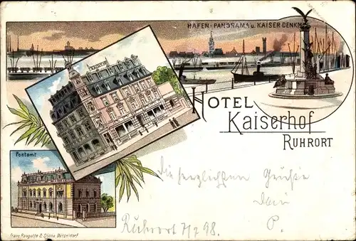 Litho Ruhrort Duisburg, Hotel Kaiserhof, Hafen Denkmal, Postamt