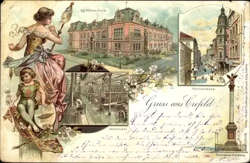 Litho Krefeld am Niederrhein, Kgl. Webeschule, Hochstraße