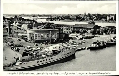 Ak Wilhelmshaven in Niedersachsen, Strandhalle und Seewasseraquarium, Hafen, Kaiser Wilhelm Brücke