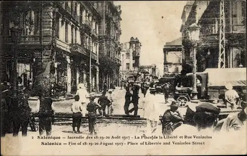 Ak Thessaloniki Griechenland, Incendie des 18 à 20 Aout 1917, la Place de la Liberte, Rue Venizelos