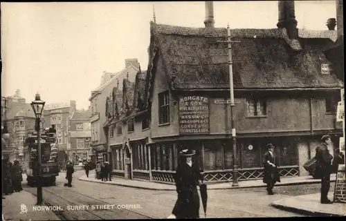 Ak Norwich Norfolk England, Surrey Street Corner, Straßenbahn 23, Norgate & Sons, Tuck 2127