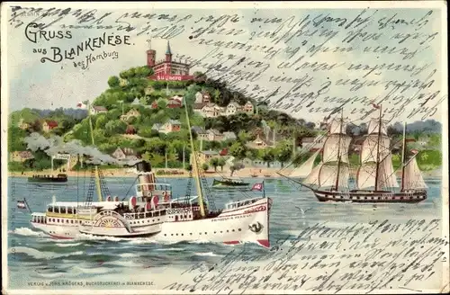 Litho Hamburg Altona Blankenese, Blick auf den Süllberg, Segelschiff, Salondampfer