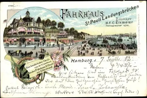 Litho Hamburg St Pauli, Landungsbrücken, Fährhaus