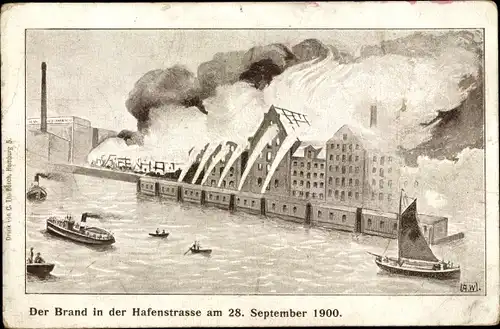 Künstler Ak Hamburg Mitte Altstadt, Der Brand in der Hafenstraße 28.09.1900