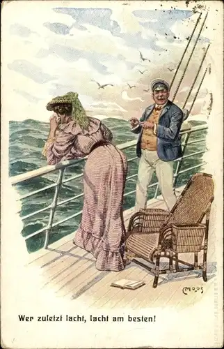 Künstler Ak Moos, C., Wer zuletzt lacht, Seekranke Frau an Deck eines Schiffes