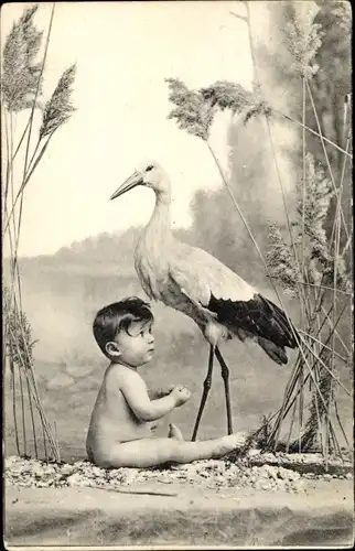Ak Storch mit Baby