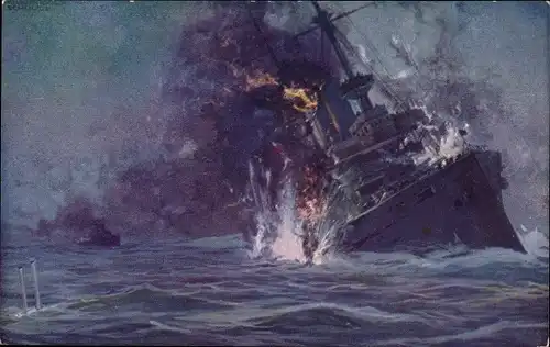 Künstler Ak Schulze, Hans Rudolf, Deutsches U Boot versenkt englisches Linienschiff HMS Formidable