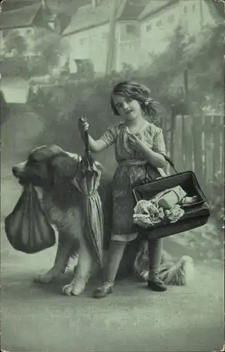 Ak Mädchen mit Handtasche, Hund, Regenschirm