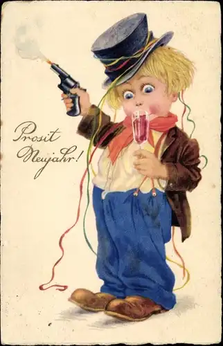 Ak Glückwunsch Neujahr, Mann mit Pistole und Sektglas, Luftschlangen